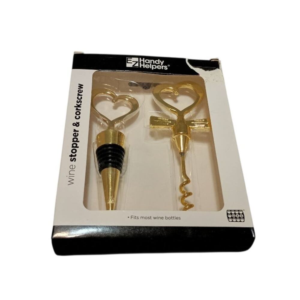 G&S EZ Handy Helpers 2 Pc Heart Shaped Bottle Wine Stopper & Corkscrew Set